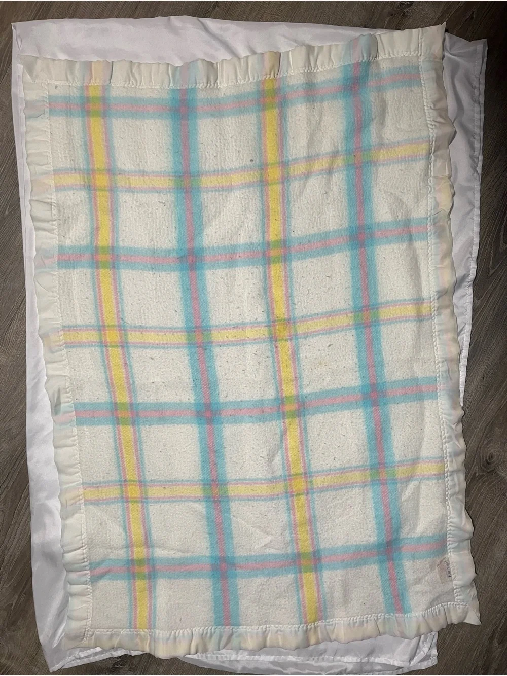 Vintage Esmond Baby Blanket Acrylic Pastel Plaid Nylon Trim 31x44